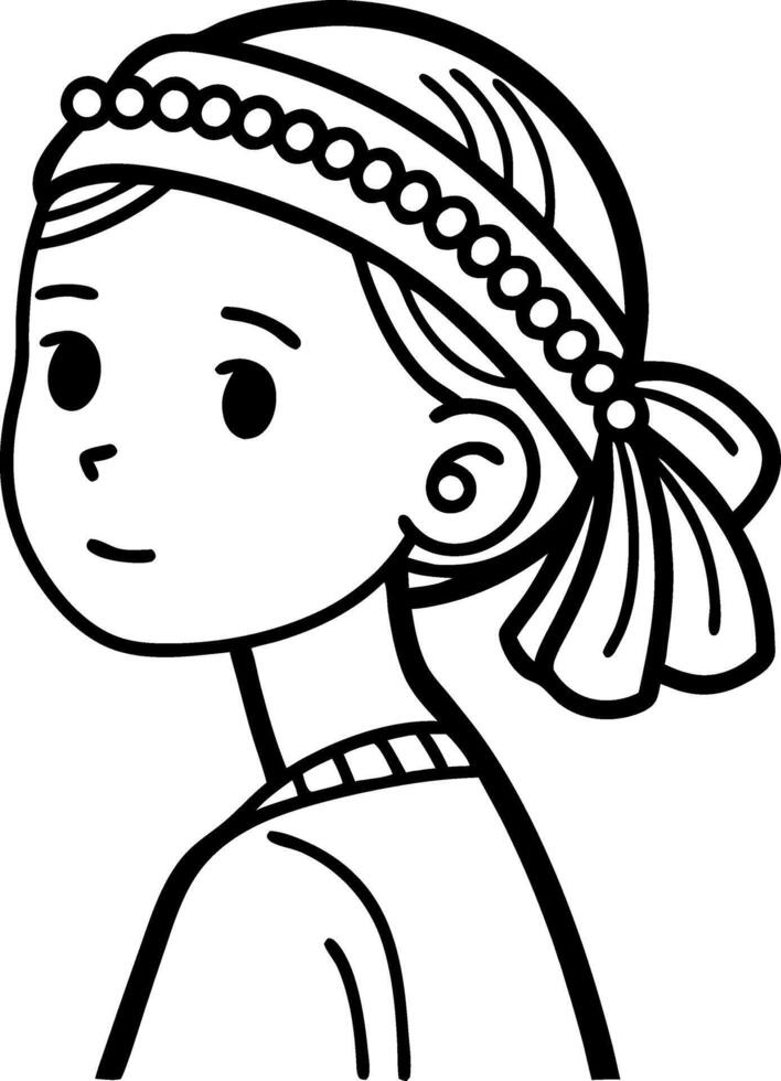 Cute Girl Portrait with Hair Ribbon and Beaded Headband for Coloring Book and Tattoo Design vector