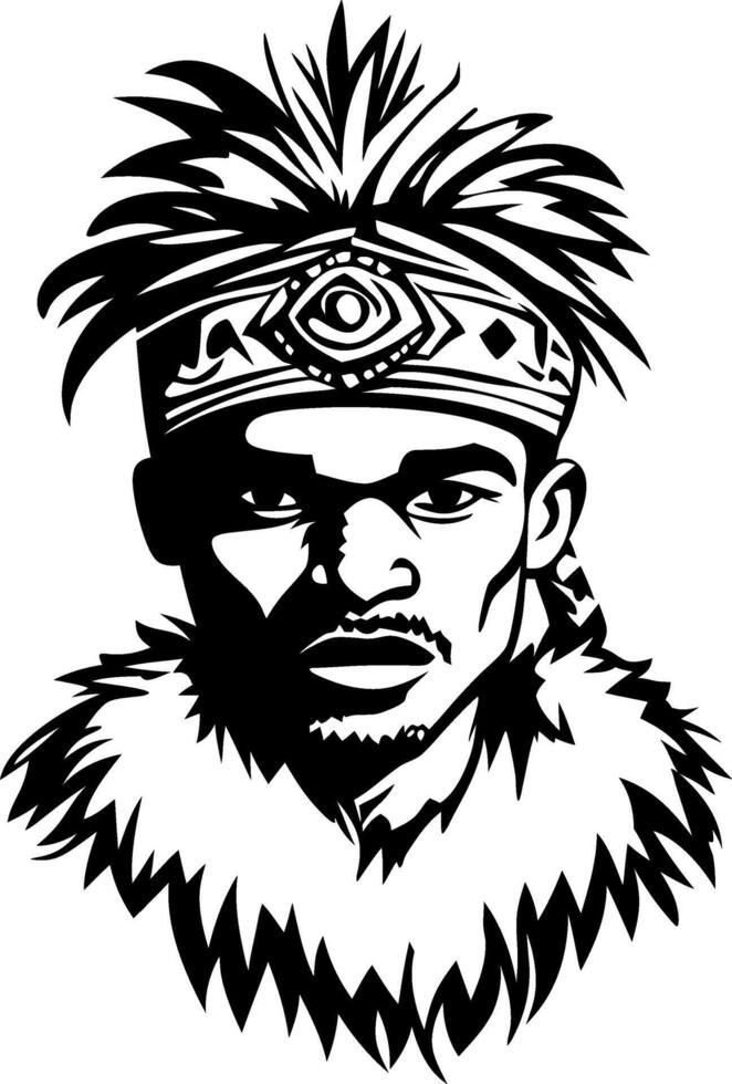 Bold Tribal Warrior Portrait with Ornate Headgear and Distinct Facial Features for Designs vector