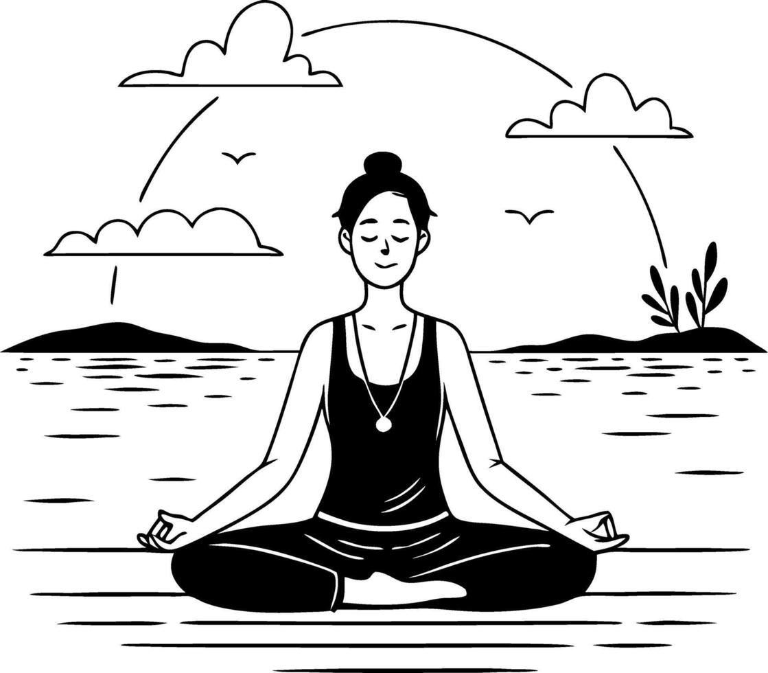 Meditating Woman by the Water Minimalist Design for Mindfulness and Relaxation vector