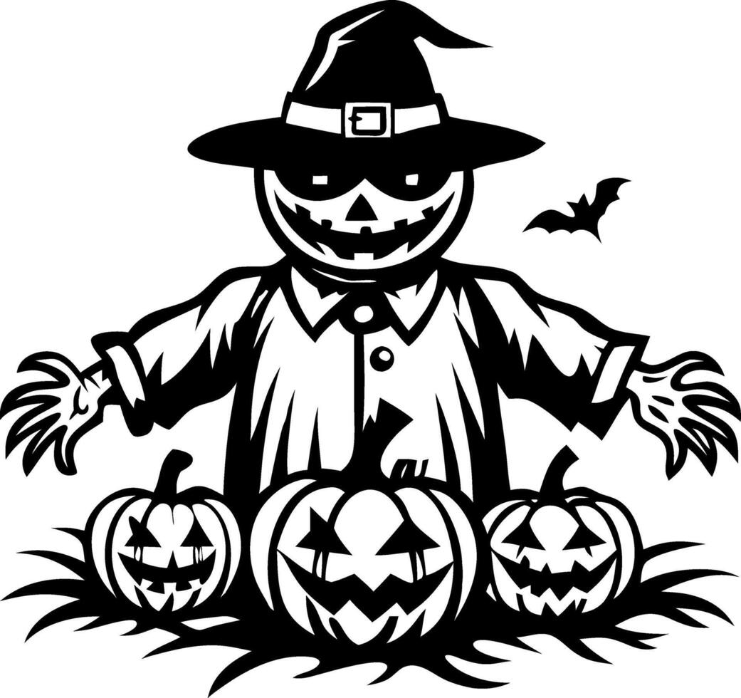 Halloween Scarecrow with Jack o Lantern Pumpkins and Bats for Spooky Designs vector