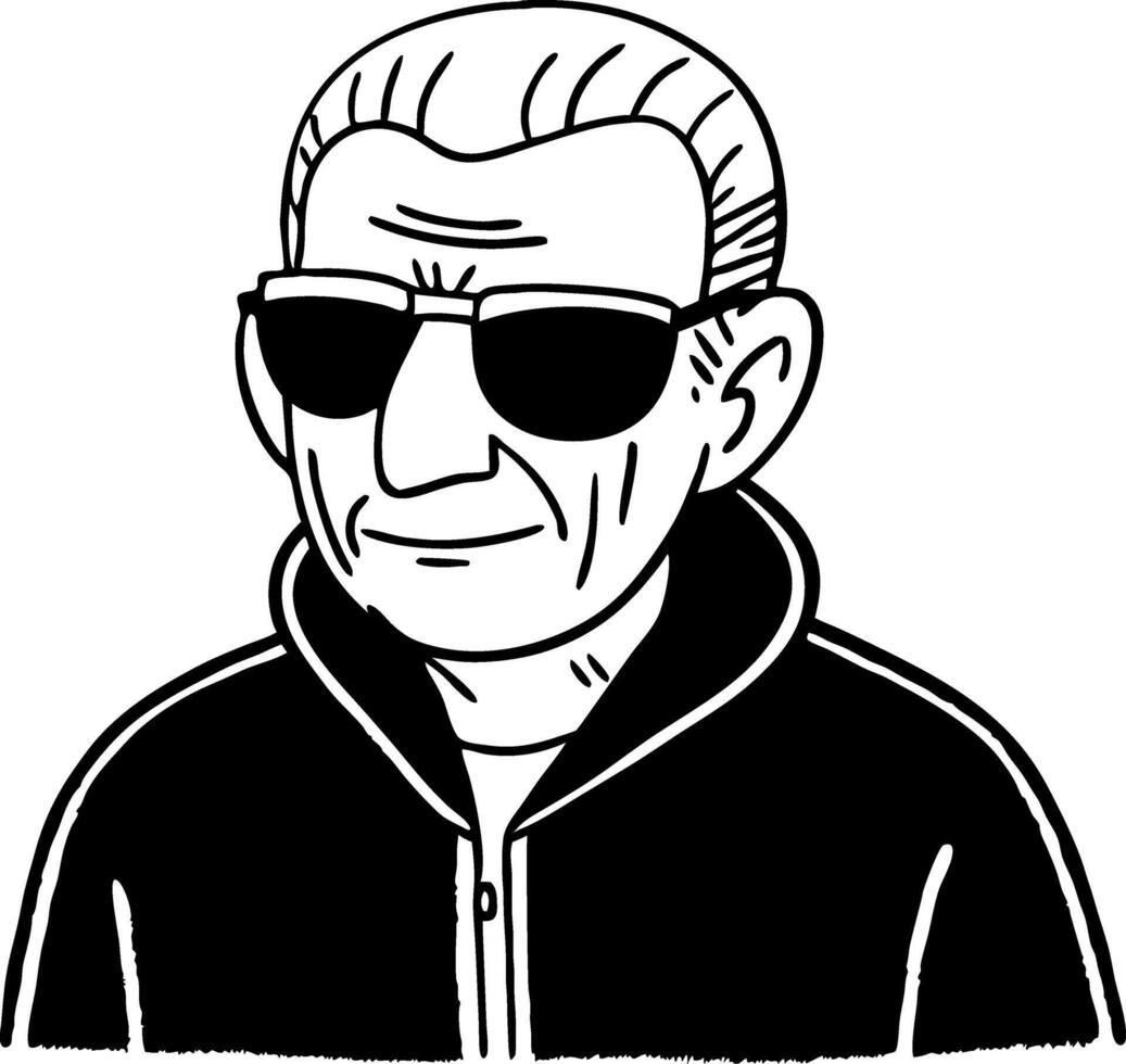 Stylized illustration of an older man wearing sunglasses in a black jacket for creative projects vector
