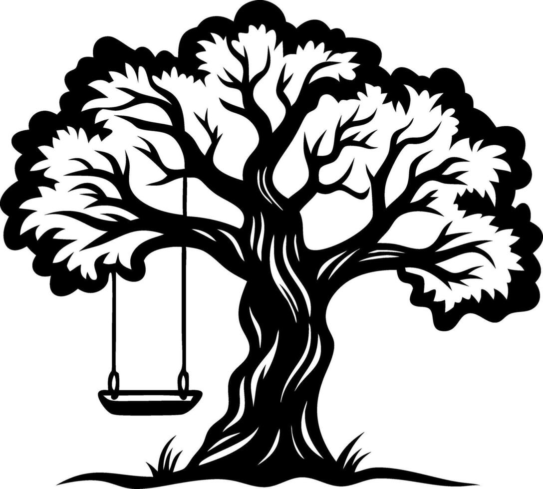 Majestic Tree with Swing Silhouette Ideal for Tattoos and Nature-Inspired Designs vector