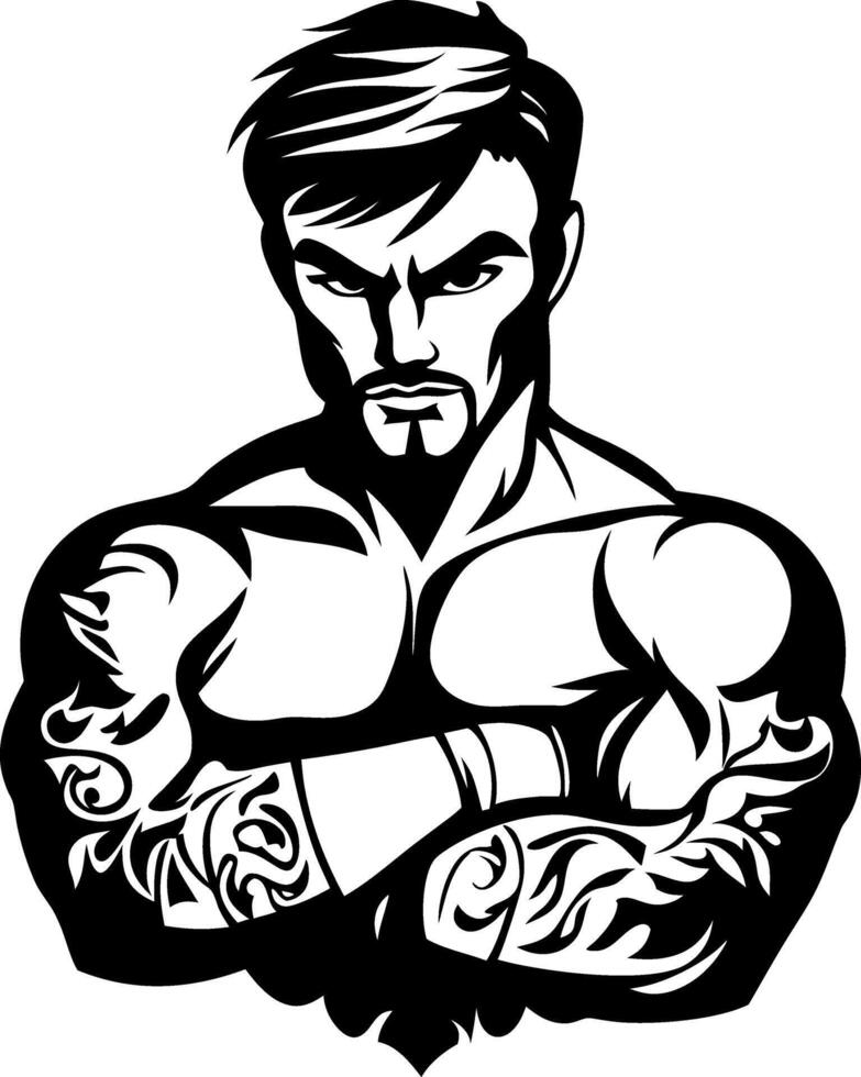 Muscular Man with Tattoos and Fierce Expression Ideal for Tattoo Designs and Fitness Themes vector