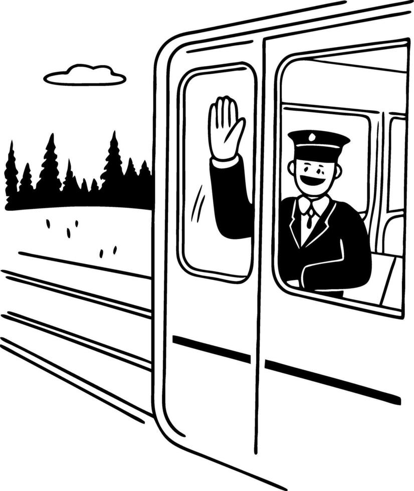 Cheerful Train Conductor Waving from Vintage Locomotive Window in Scenic Landscape vector