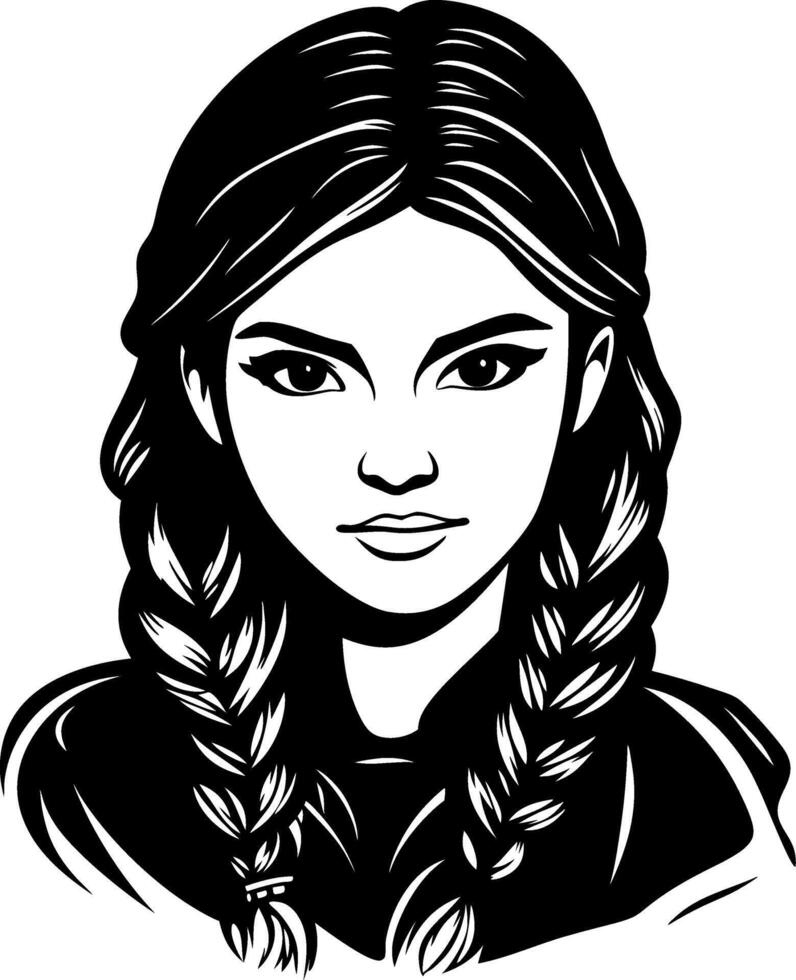 Stylized Young Girl with Long Braids and Confident Expression Ideal for Illustrations and Designs vector