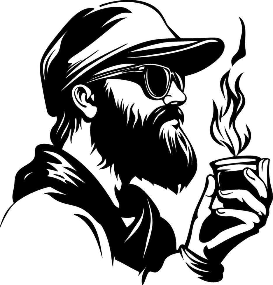 Bearded Man Holding Coffee Mug with Smoke Rising Retro Style Illustration vector