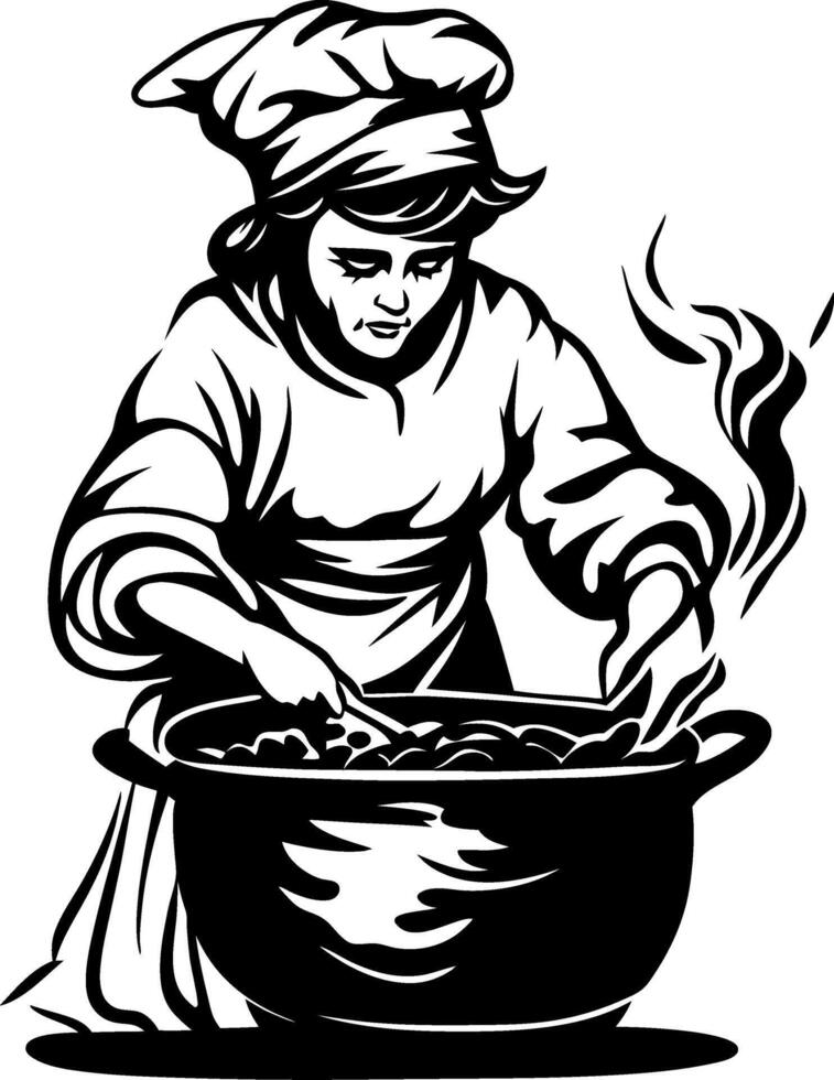 Woman Chef Cooking in Large Pot with Steam Rising Culinary Art Illustration vector