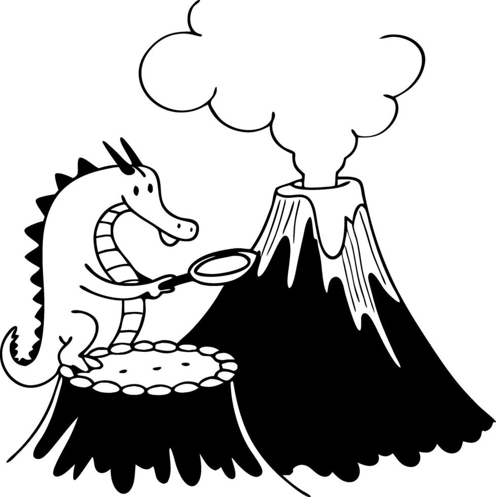 Cute Dragon Observing Volcano Eruption with Magnifying Glass Ideal for Childrens Illustrations vector