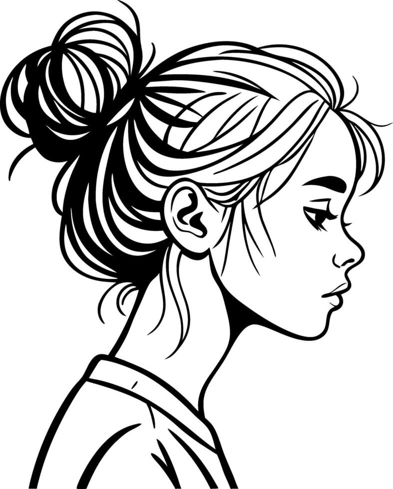 Elegant Side Profile of a Thoughtful Young Woman with a Stylish Bun Hairstyle vector
