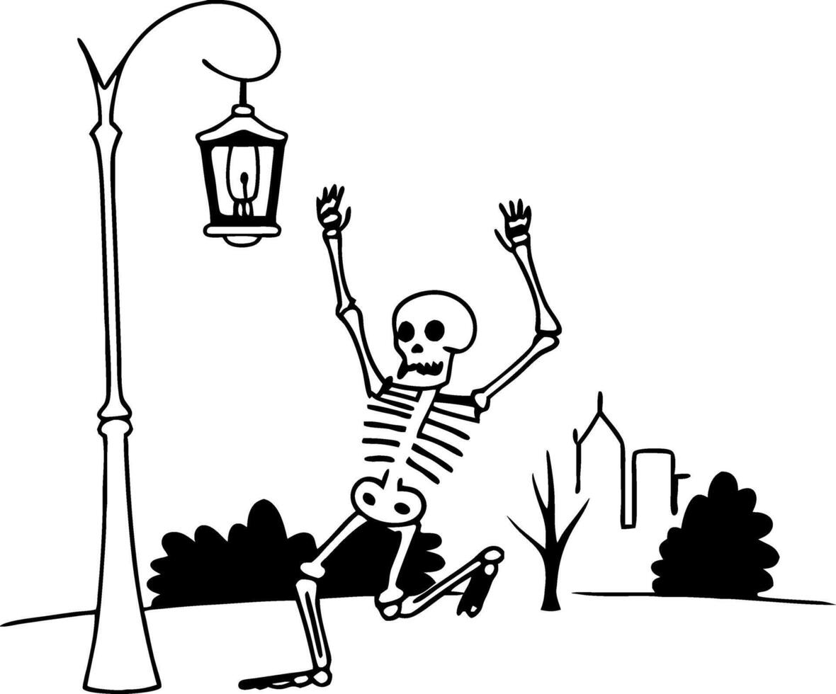 Playful Skeleton Under Street Lantern in Spooky Night Scene Illustrates Halloween Fun vector