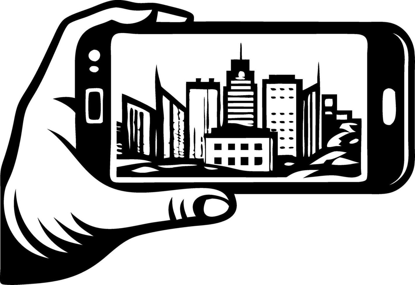 Hand Holding Smartphone Capturing Cityscape Skyline Urban Design vector