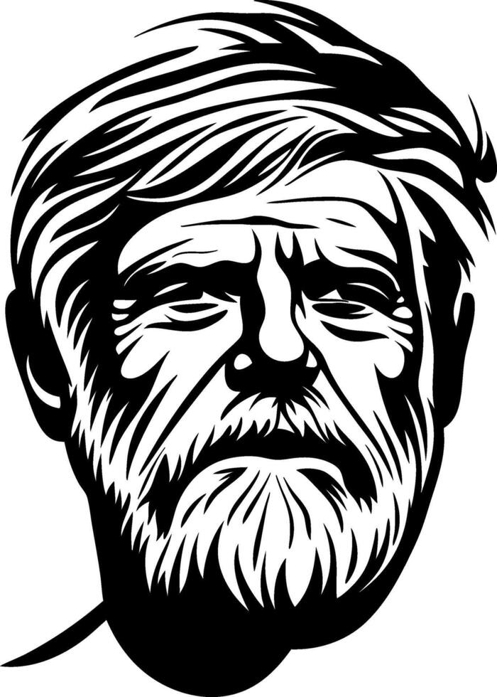 Vintage Style Black and White Portrait of a Mature Man with a Beard and Long Hair vector