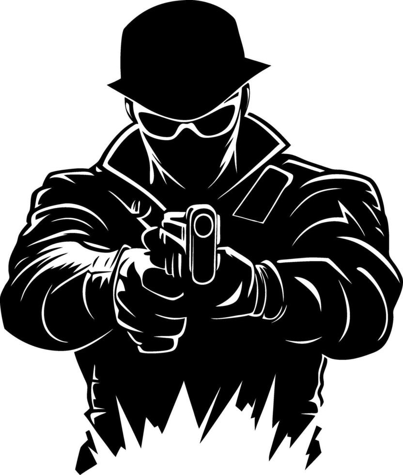 Mysterious Figure in Black Suit Aiming Pistol Strong Silhouette Ideal for Tattoo Design vector