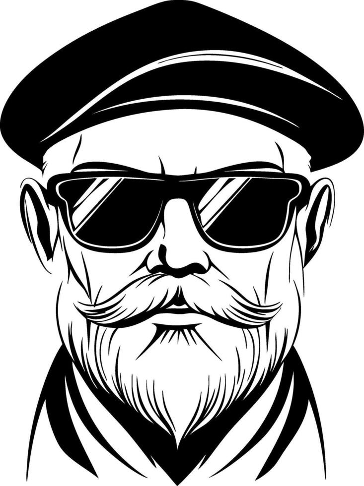 Vintage Cool Man with Beard and Sunglasses in Classic Hat for Tattoo and Graphic Design vector