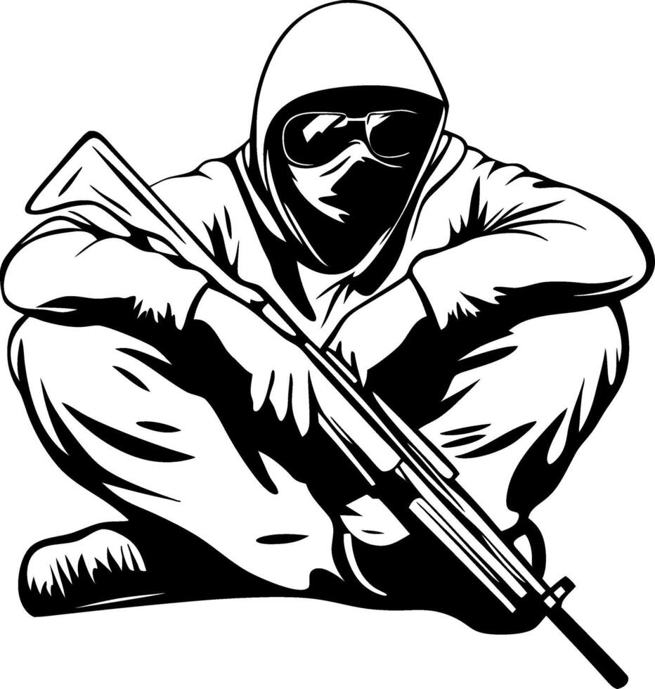 Mysterious Figure in Hoodie Holding Rifle Urban Street Style Illustration for Tattoo Designs vector