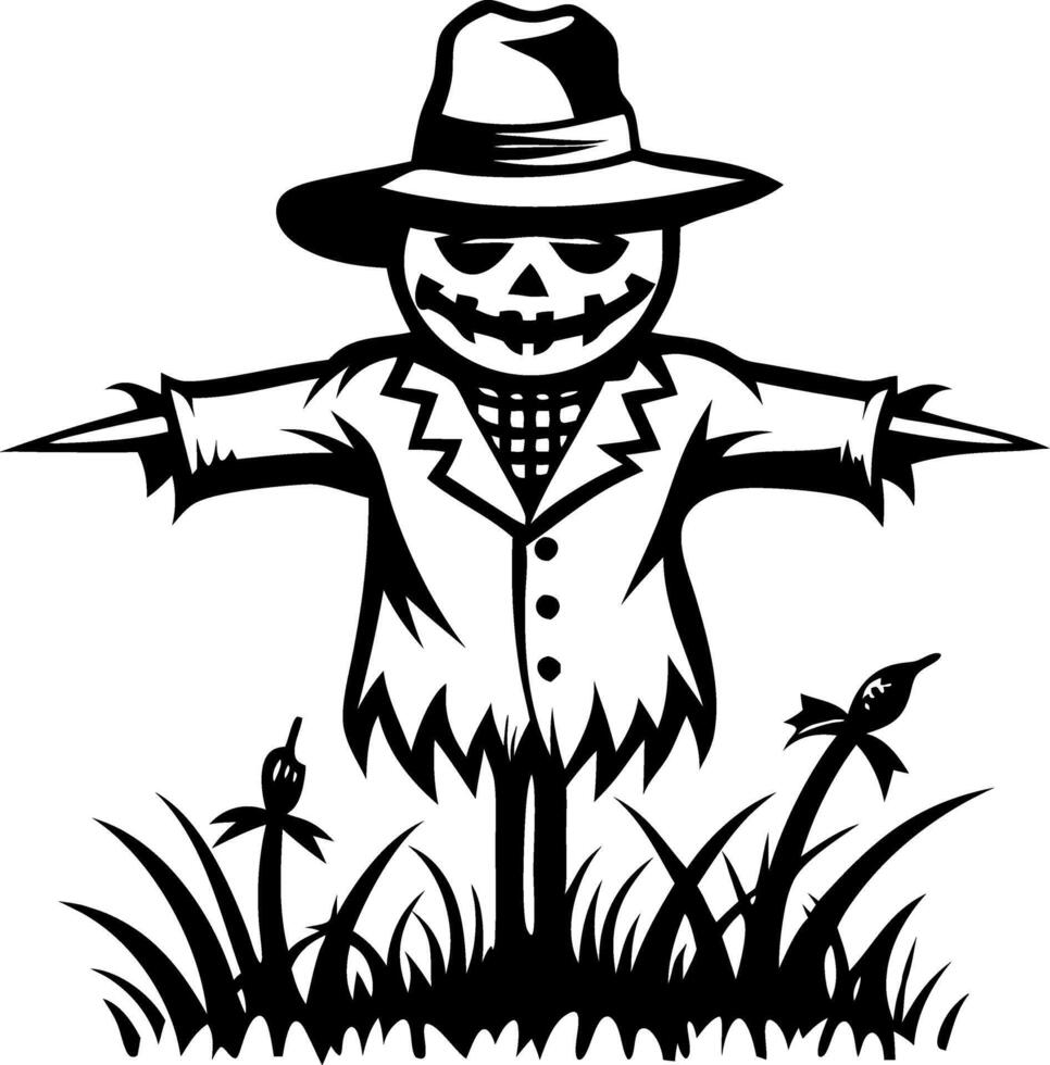 Spooky Scarecrow Silhouette with Grass and Flowers Ideal for Halloween Decorations and Crafts vector