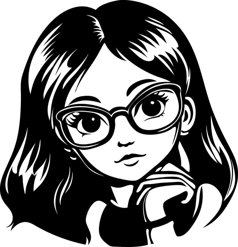 Charming Illustration of a Thoughtful Girl with Glasses Perfect for Tattoo or Coloring Book vector