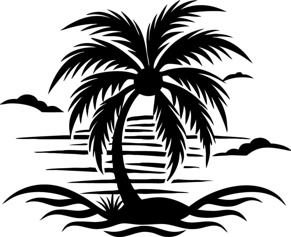 Isolated Palm Tree Silhouette on Tranquil Beach with Gentle Waves and Calming Clouds vector