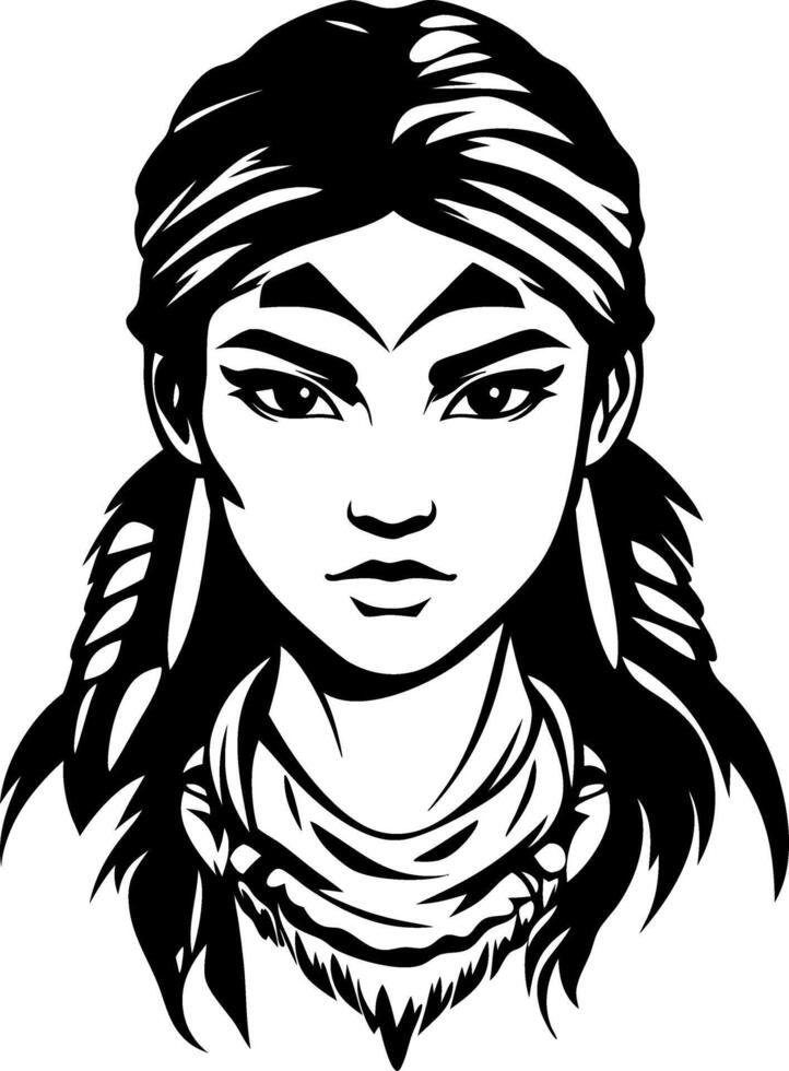 Stylized Native American Woman Portrait with Feathers and Scarf for Tattoo and Coloring Designs vector