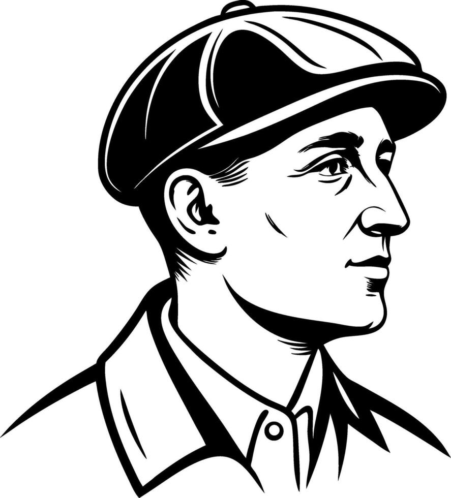 Vintage Male Portrait with Flat Cap and Collared Shirt in Black Line Art Style vector