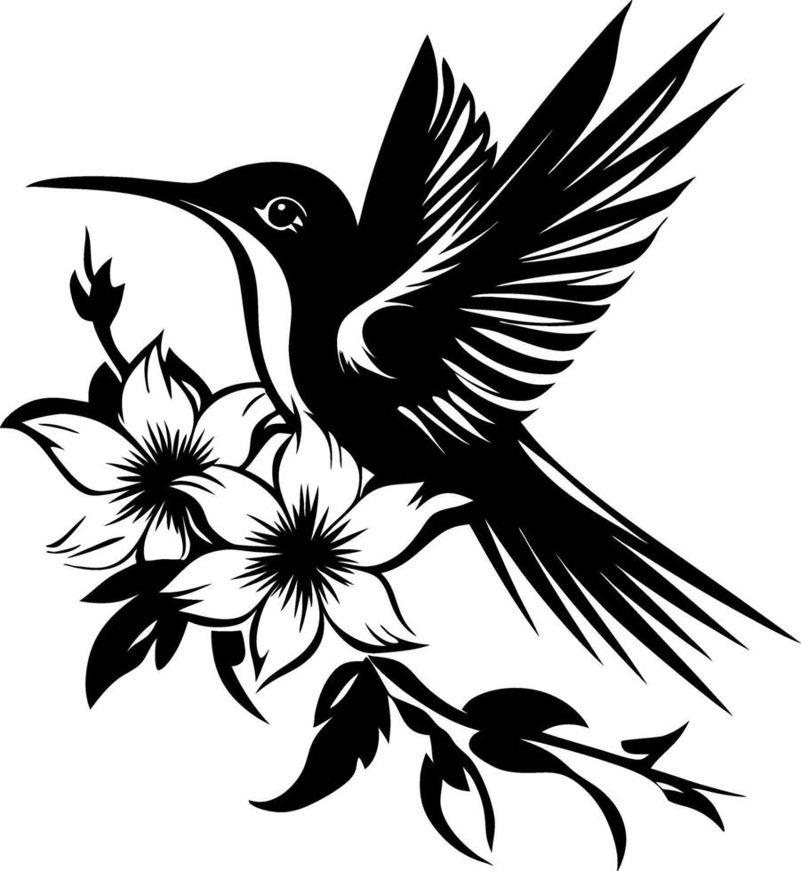 Elegant Hummingbird with Blossoming Flowers Black Silhouette for Tattoo and Design Inspiration vector