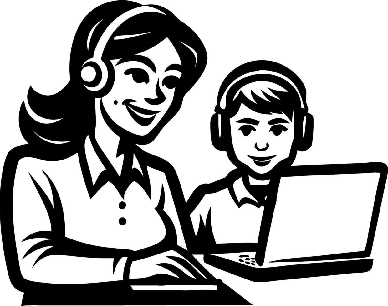 Mother and Child Learning Together with Headphones and Laptop in Educational Environment vector