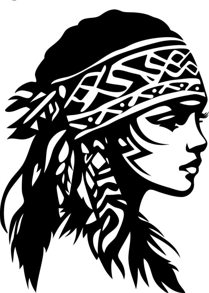 Elegant Native American Woman Profile with Feathered Hair and Headband Ideal for Tattoo Design vector