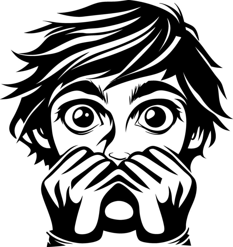 Surprised Child Covering Mouth with Hands Illustration for Tattoo or Coloring Book Design vector