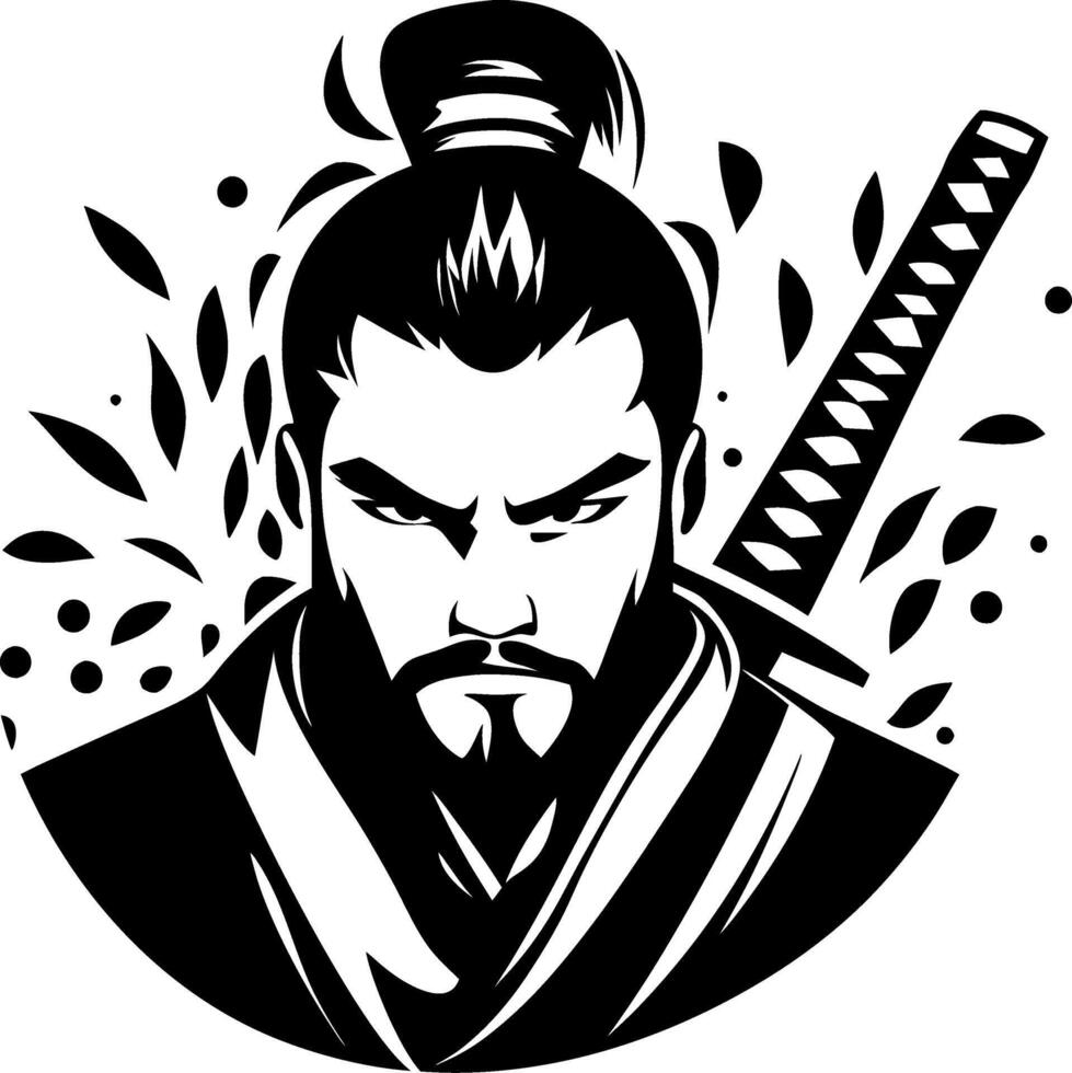 Samurai Warrior Portrait with Sword and Leaves Ideal for Tattoo Design or Coloring Book vector