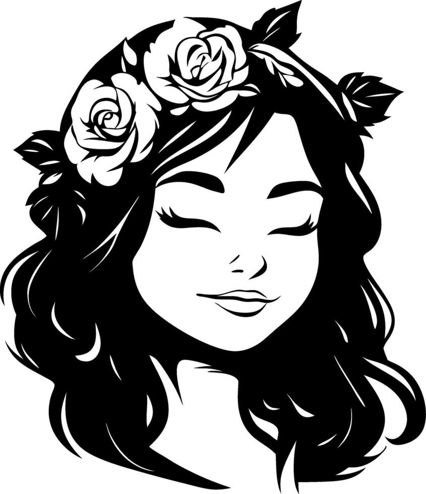 Beautiful Woman with Floral Headband and Flowing Hair Ideal for Tattoo and Coloring Book Design vector