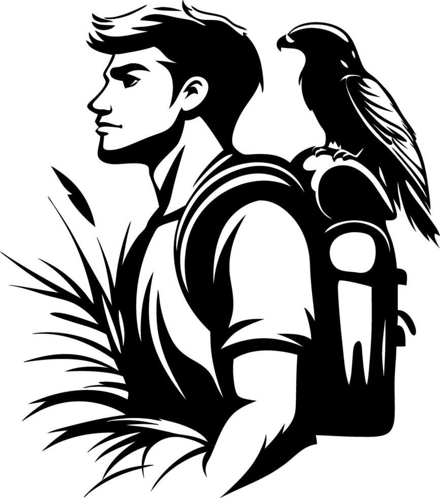 Adventurous Hiker with Backpack and Bird of Prey in Nature Inspired Design vector