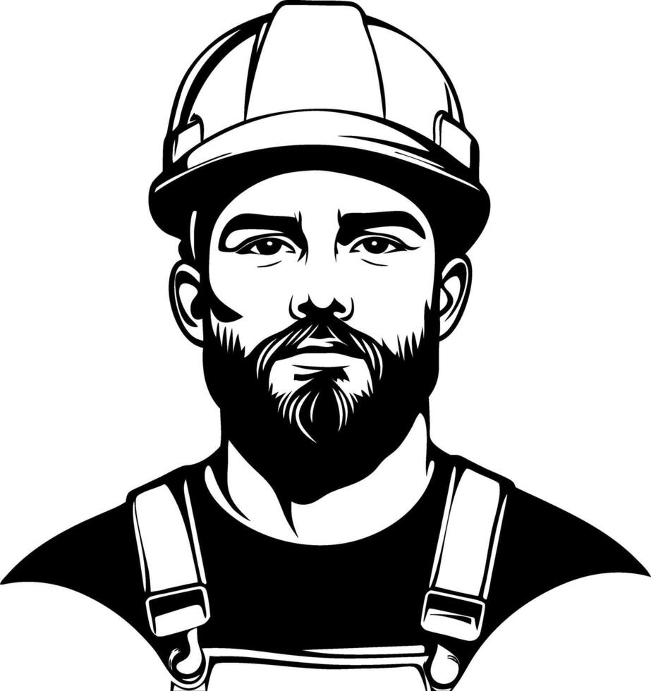 Strong Construction Worker Portrait with Helmet for Tattoo Design or Coloring Page vector
