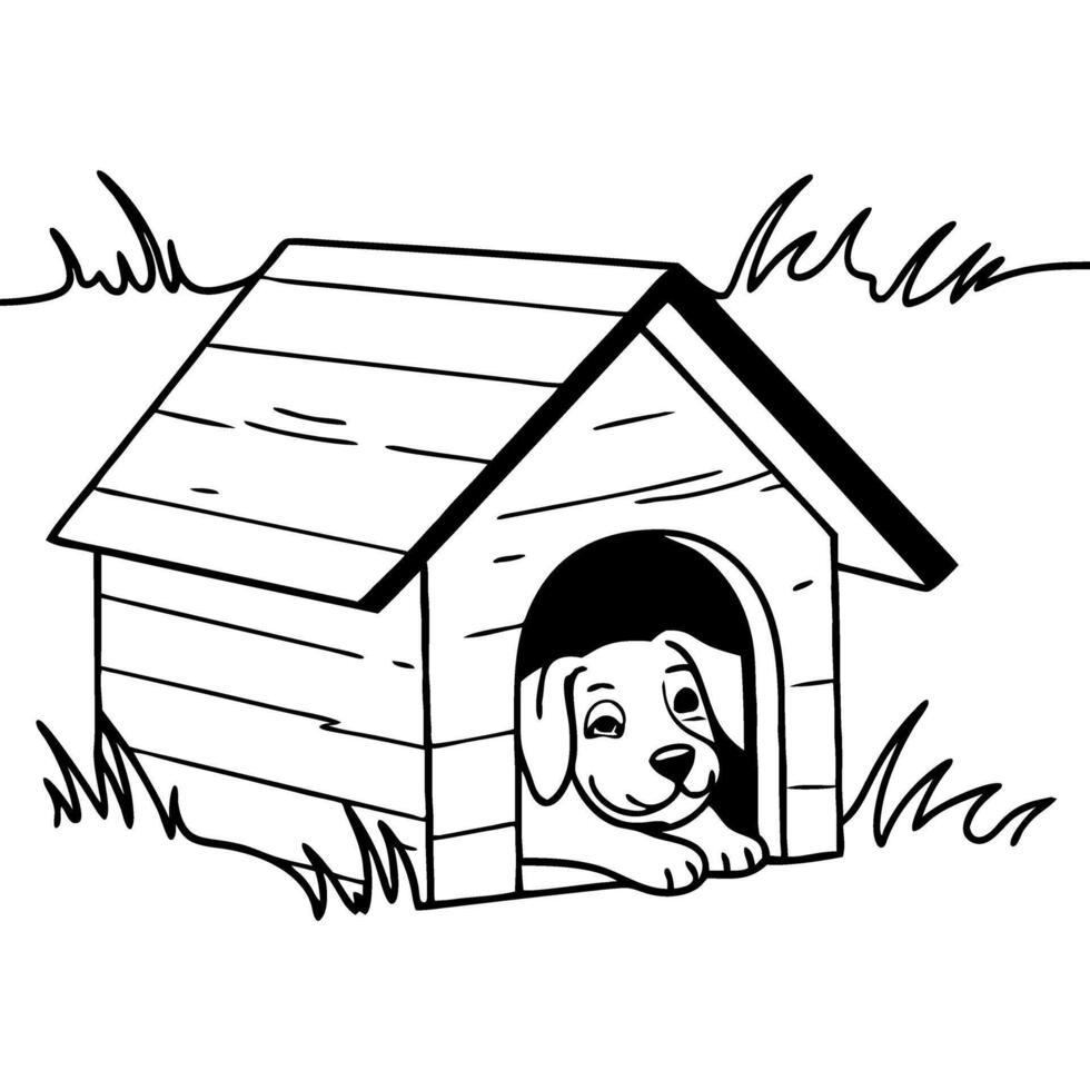 Playful Dog Relaxing in Wooden Doghouse Surrounded by Grass Illustration for Kids vector