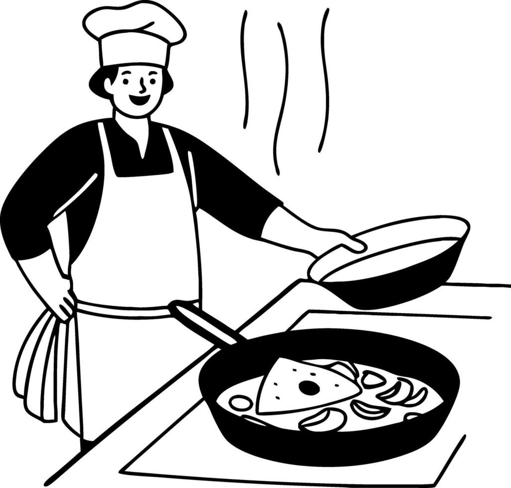 Cheerful Chef Cooking Delicious Dish in Frying Pan with Fresh Ingredients in Kitchen vector