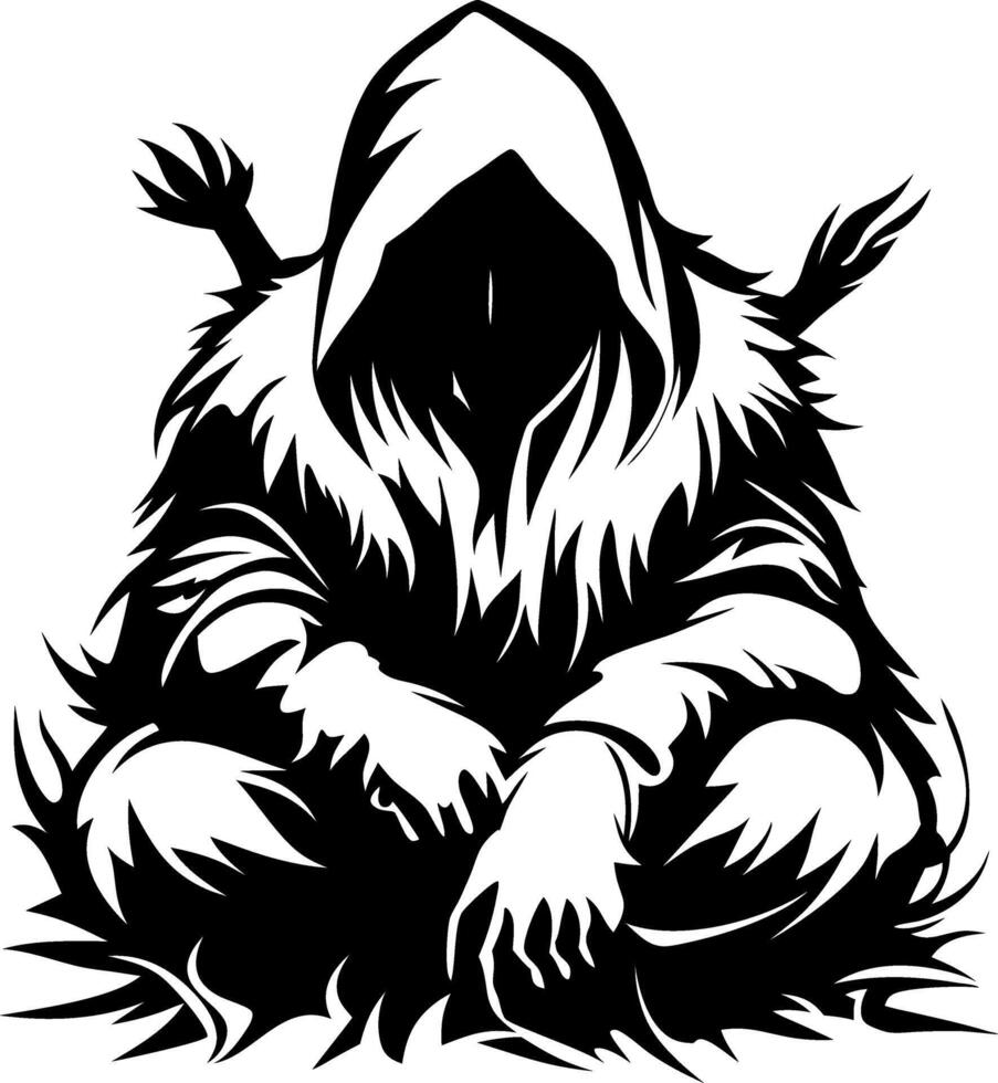 Mysterious Hooded Figure Sitting in Shadows with Nature Elements Perfect for Tattoos and Art Prints vector