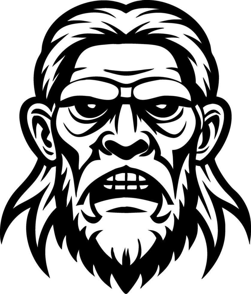 Bold Monochrome Illustration of an Aggressive Bearded Warrior Head for Tattoo and Graphic Design vector