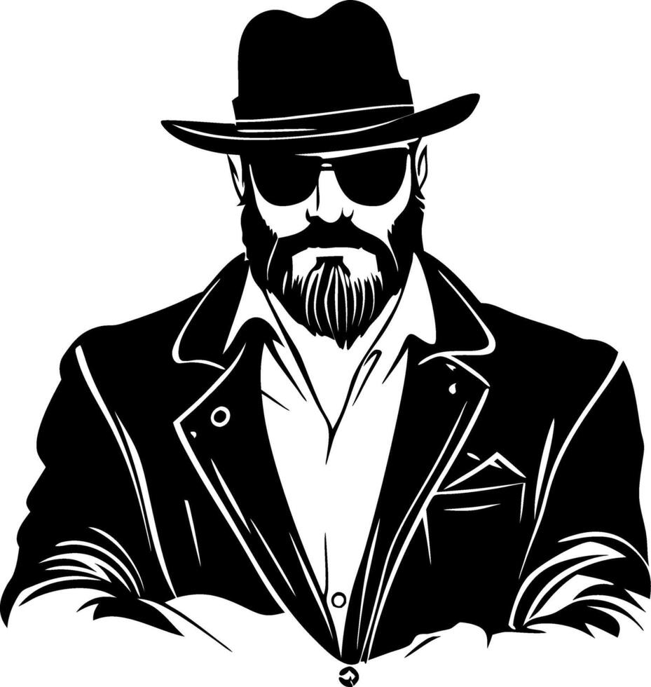 Stylish Bearded Man in Hat and Sunglasses Minimalist Art for Tattoo and Apparel Design vector
