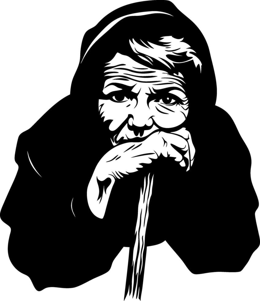Thoughtful Elderly Woman Portrait with Walking Stick for Tattoo Design and Coloring Books vector