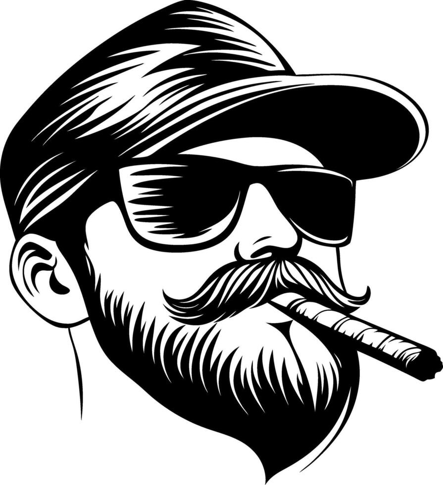 Stylish Hipster Man with Beard Sunglasses and Cigar Illustration for Tattoo Design vector