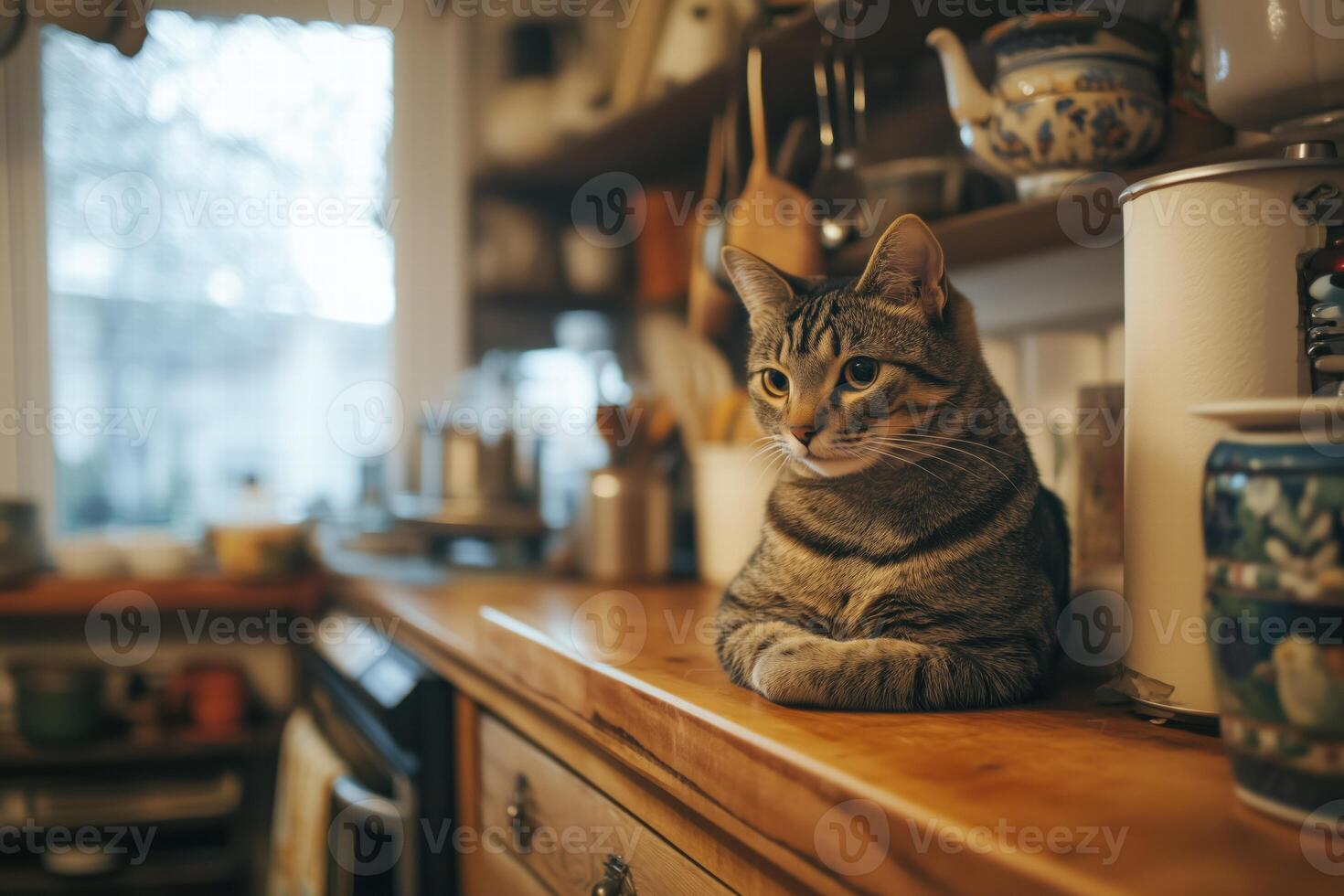 A cat sitting on a counter top photo