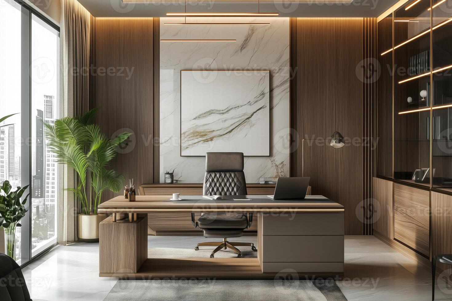 Modern office with wooden walls and a large desk photo