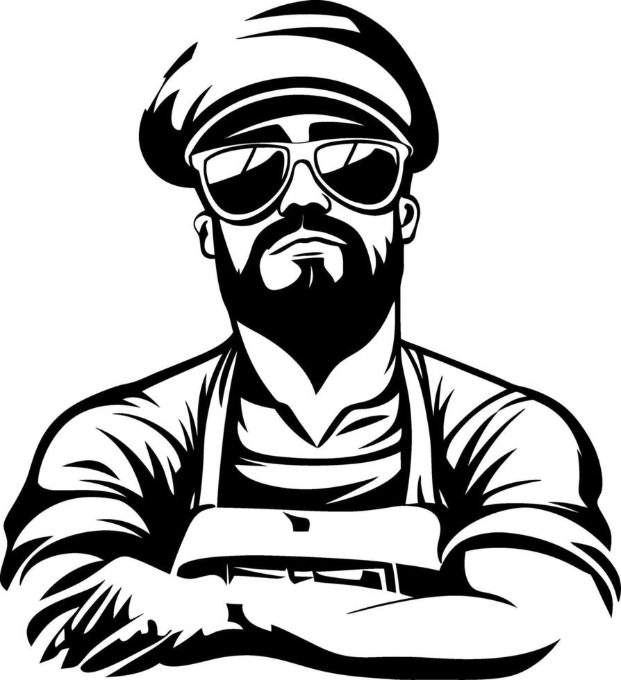 Stylish Bearded Man in Sunglasses and Cap with Arms Crossed Design for Clothing and Tattoos vector