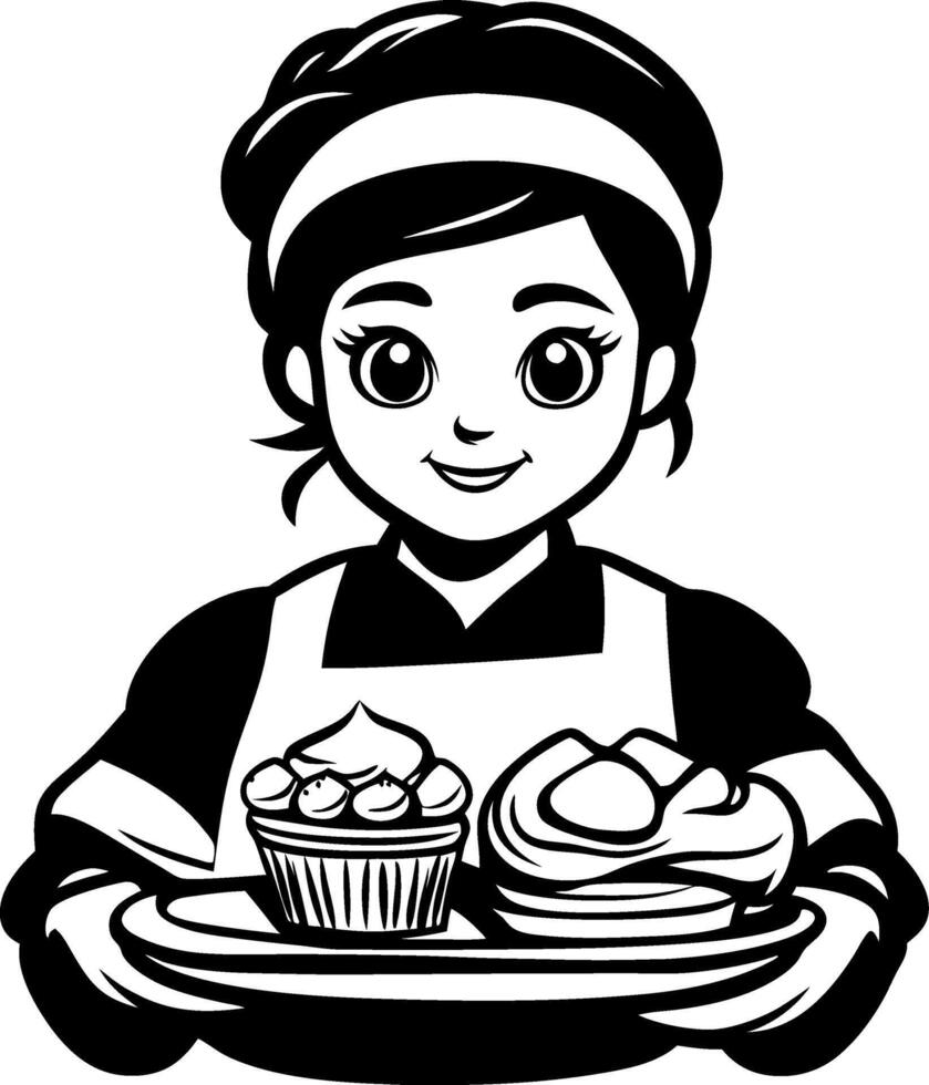 Happy Baker Holding Dessert Tray with Cupcakes and Pastries in Cartoon Style vector