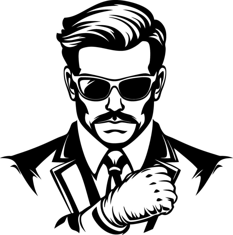 Stylish Confident Man in Sunglasses and Suit Ready for Action Vintage Design vector