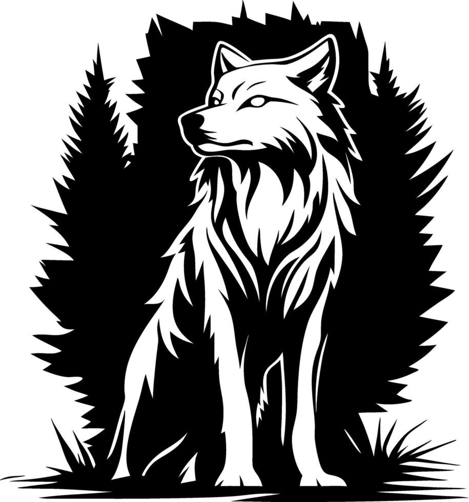 Majestic Wolf Silhouette Surrounded by Forest Elements Ideal for Tattoo Design and Artwork vector