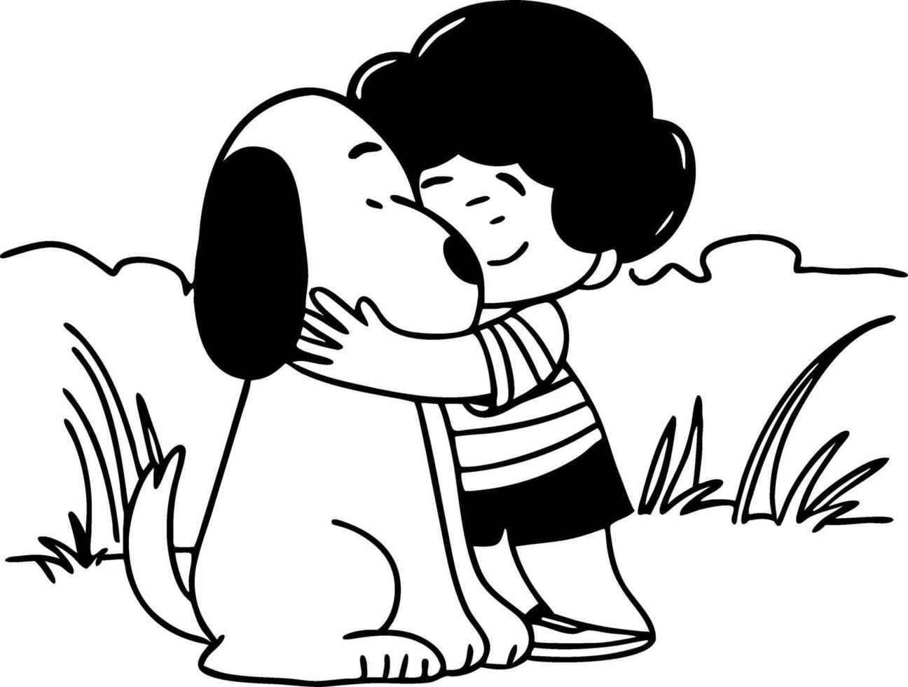 Child Hugging Dog in Happy Friendship Scene Ideal for Coloring Books and Family Illustrations vector