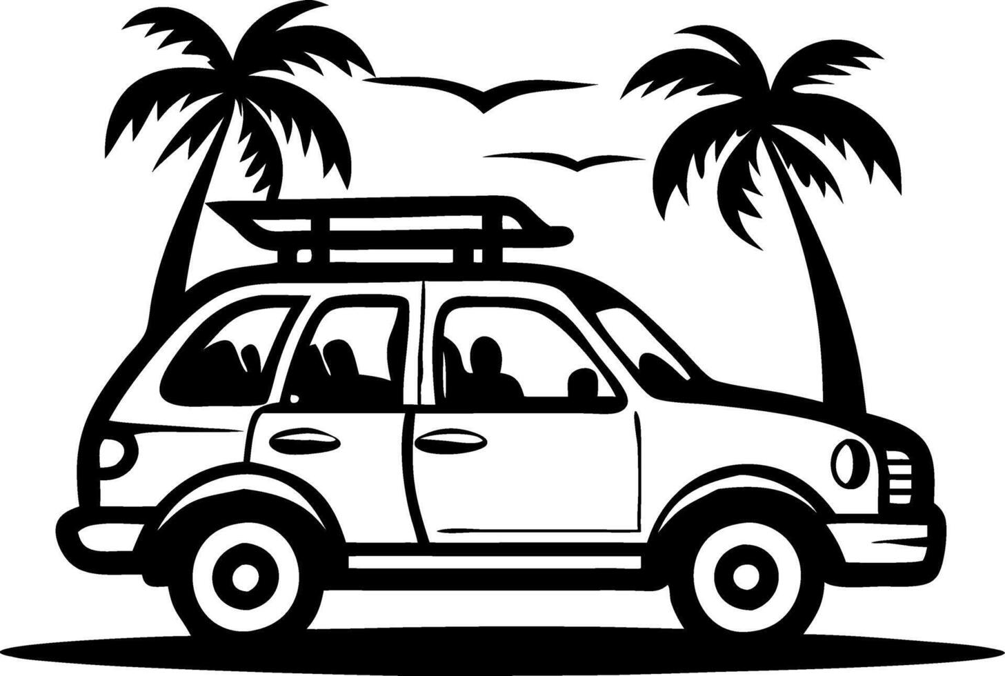 Surfer Car with Palm Trees and Ocean Elements Perfect for Beach Themed Designs vector