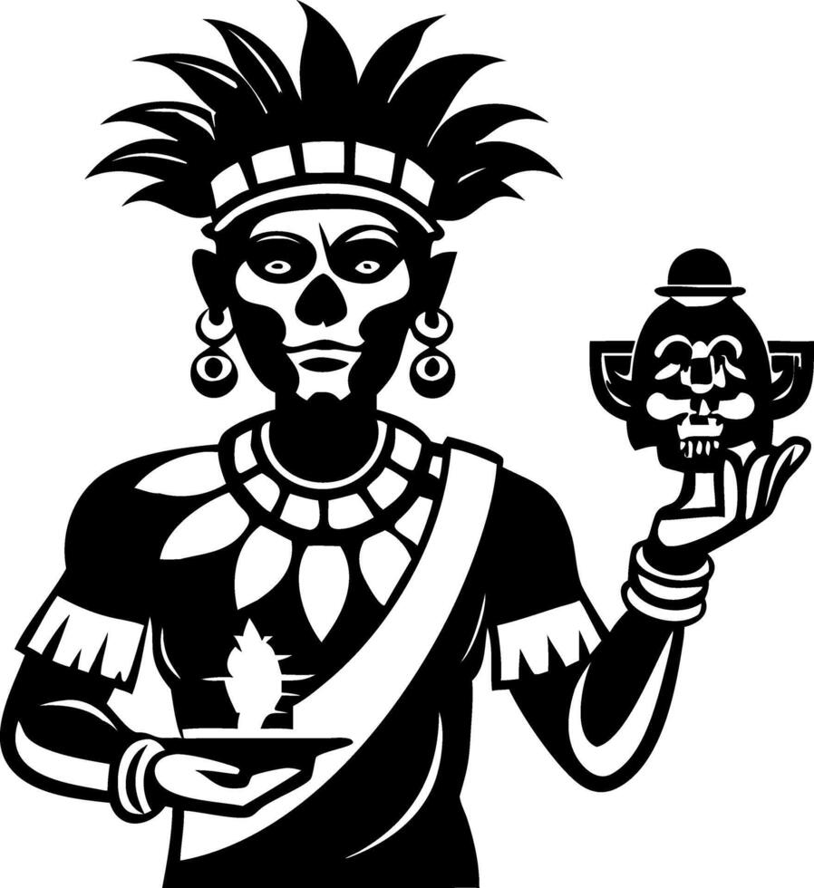 Intricate Mystic Warrior Holding a Skull and Offering Symbolic Figure for Tattoo Design and Art vector