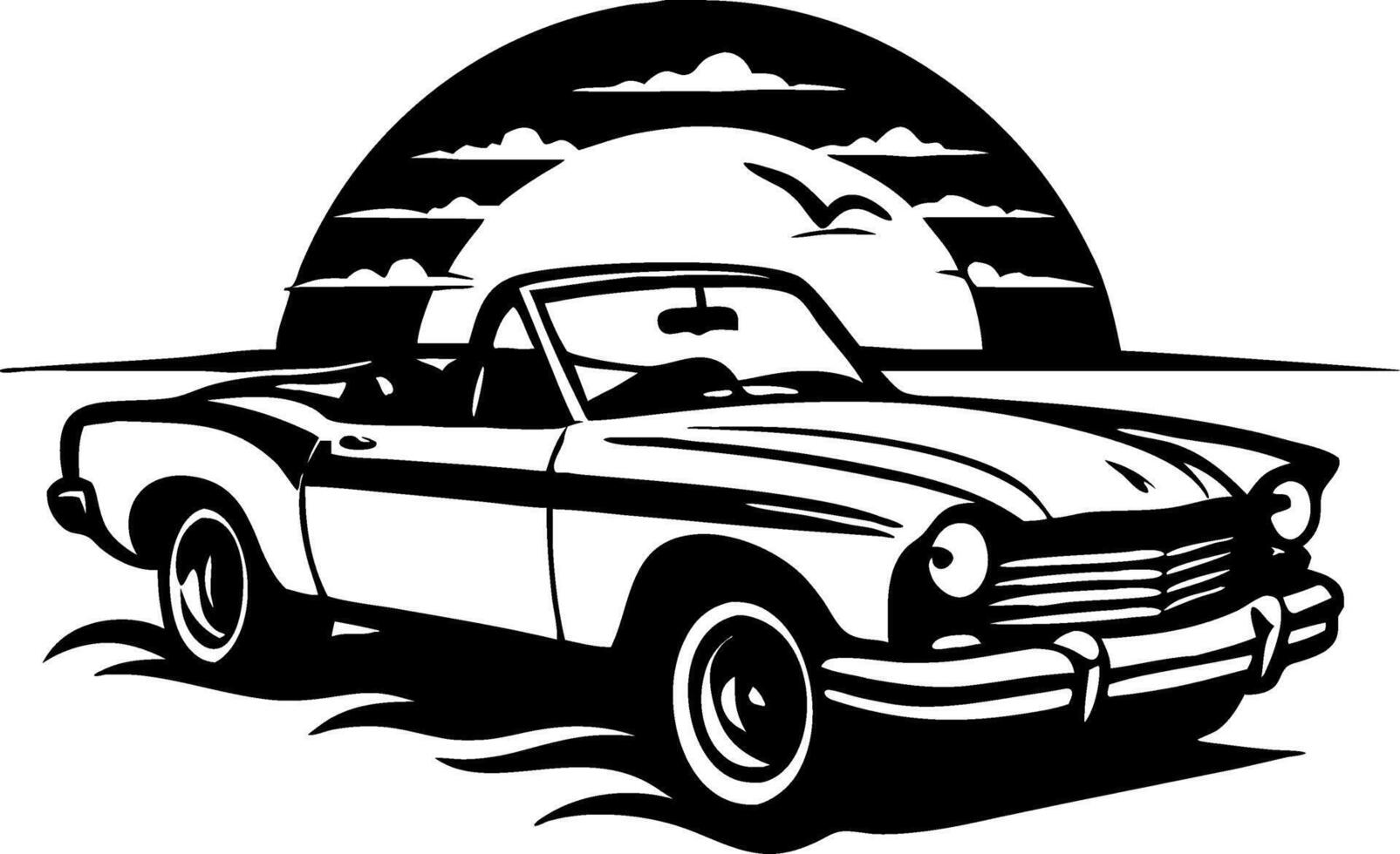 Vintage Convertible Car Design with Sunset and Seagulls Ideal for Tattoos and Prints vector