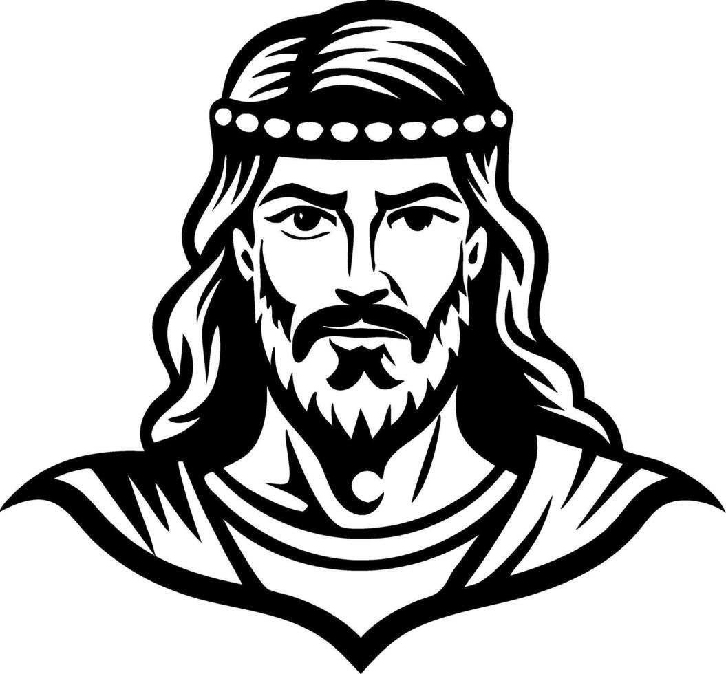 Heroic Male Figure with Long Hair and Beard in Regal Attire for Tattoo and Graphic Design vector